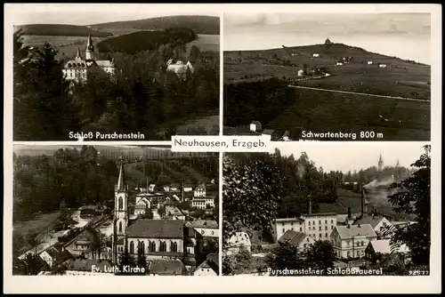 Ansichtskarte Neuhausen (Erzgebirge) Schloß, Brauerei, Schwartenberghaus 1938