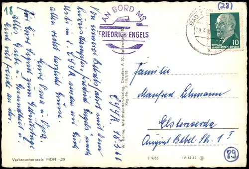 Sächsische Schweiz  1965   mit Bordpoststempel des Schiffes FRIEDRICH ENGELS