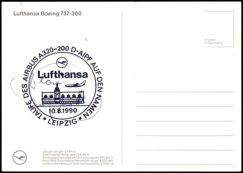 Ansichtskarte  Lufthansa Boeing 737-300 Taufe auf den Namen Leipzig 1990