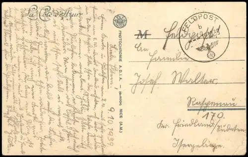 CPA .Frankreich LA COTE D'AZUR 1939  gel. Feldpost-Blindstempel WK2