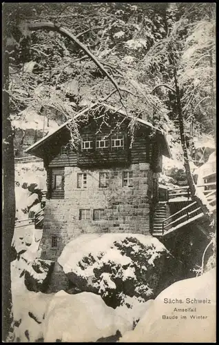 Ansichtskarte Rathen Amselfall (Elbsandsteingebirge) Baude im Winter 1912