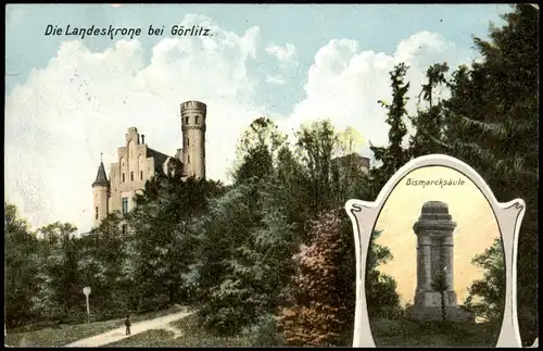 Görlitz Zgorzelec Landeskrone, Bismarcksäule - 2 Bild 1907  gel. div. Stempel