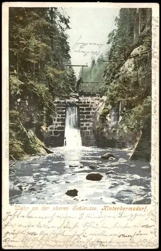 Ansichtskarte Hinterhermsdorf-Sebnitz Wehr an der oberen Schleuse 1900