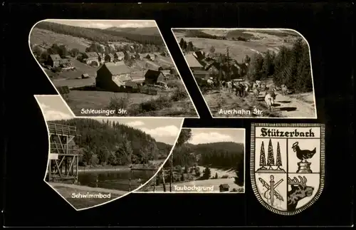 Stützerbach DDR Mehrbild-AK mit Auerhahn Str., Schwimmbad, Taubachgrund 1961