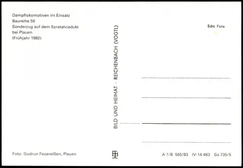 Syratal-Plauen (Vogtland) Dampflokomotive der BR 50 auf der Syratalbrücke 1983