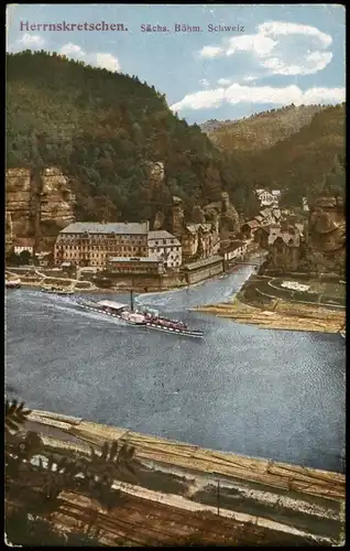 Postcard Herrnskretschen Hřensko Hotel, Holz, Elbdampfer 1914