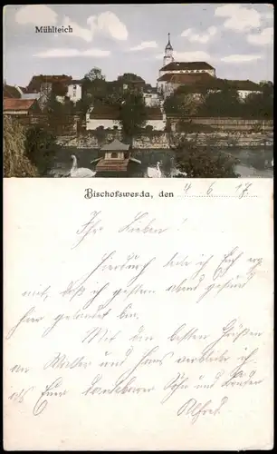 Ansichtskarte Bischofswerda Am Mühlteich 1917  gel. Feldpost WK1
