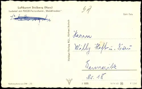 Ansichtskarte Stolberg (Harz) Ludetal mit FDGB-Ferienheim, Waldfrieden" 1962