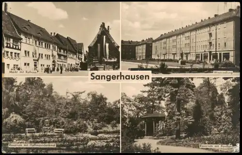 Sangerhausen DDR Mehrbild-AK Markt mit Rathaus, Westsiedlung, Rosarium 1959