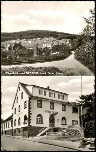 Siedelsbrunn-Wald-Michelbach 2-Bild-Karte mit VW Käfer vor Gasthaus Zur Krone 1960
