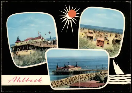 Ansichtskarte Ahlbeck (Usedom) Seebrücke, Strandkörbe, Strandcafe 1965