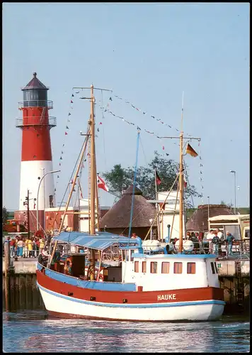 Ansichtskarte Büsum Leuchtturm (Lighthouse) - Schiff HAUKE 1997