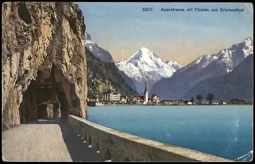 Ansichtskarte Axenstrasse Axenstrasse mit Flüelen und Bristenstock 1910