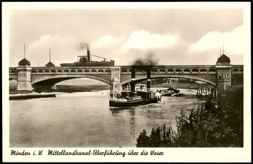 Ansichtskarte Minden Mittelland-Kanal Dampfer - Überführungsbrücke 1952