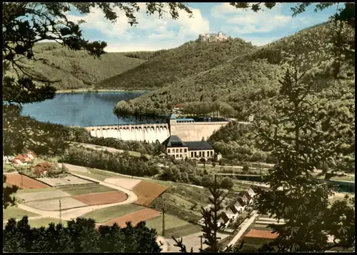 Waldeck (am Edersee) Blick auf Sperrmauer und Schloß Waldeck 1976