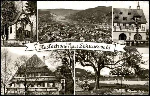 Ansichtskarte Haslach im Kinzigtal Stadt, Rathaus, Schwimmbad 1962