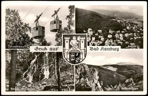 Bad Harzburg Mehrbildkarte mit Schwebebahn, Radau-Wasserfall, Rabenklippen 1952