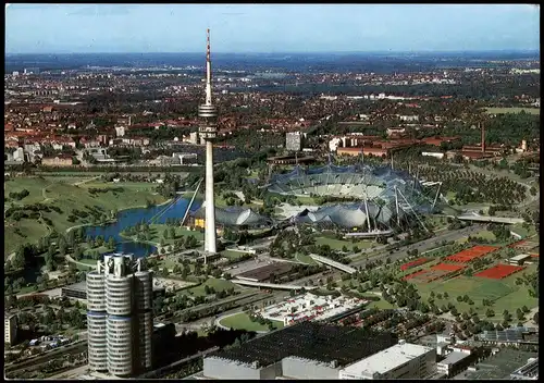 München Luftbild  mitOlypiaturm (290 m) BMW-Hochhaus 1988  Sonderstempel