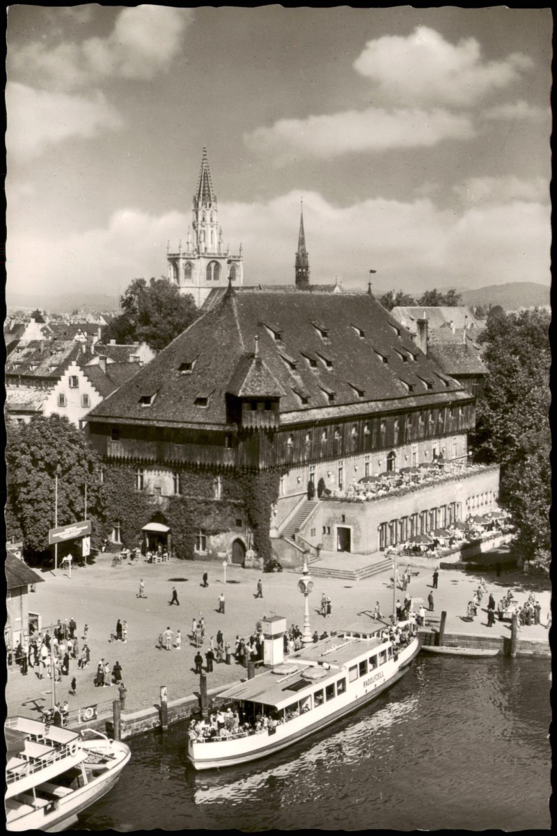 Ansichtskarte Konstanz Hafen mit Konzil, Bodenseedampfer