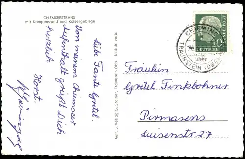 Chiemsee Chiemseestrand - Angler 1957  gel. Landpoststempel ü. Traunstein