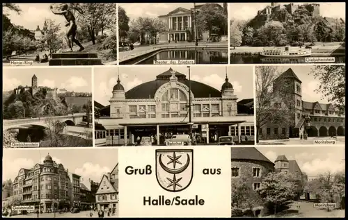 Halle (Saale) DDR Mehrbild-AK mit Bahnhof, Geiststraße, Moritzburg uvm. 1958