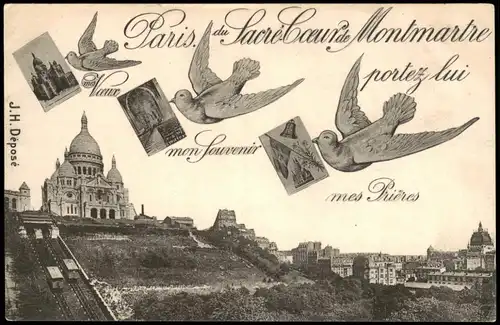 Paris Basilique du Sacré-Cœur de Montmartre; Schwalben mit Postkarten 1910