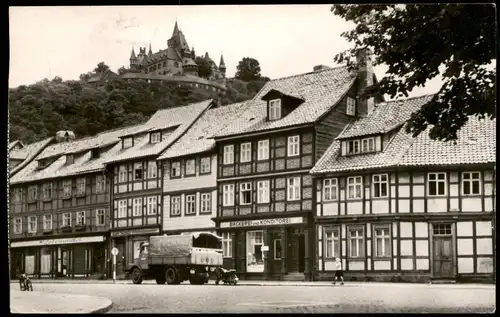 Ansichtskarte Wernigerode Schloß, LKW vor Bäckerei Geschäft 1963