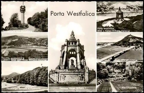 Ansichtskarte Porta Westfalica MB: Fernsehturm, Luftbild, Denkmal 1964