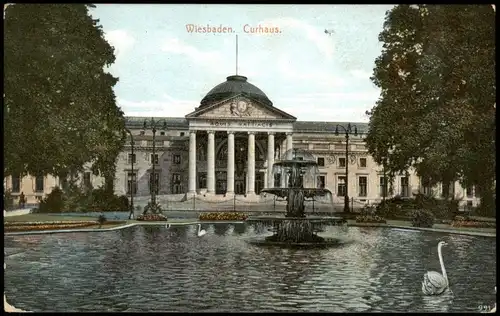 Ansichtskarte Wiesbaden Kurhaus, Springbrunnen Wasserspiele 1912