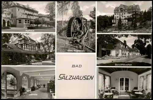 Bad Salzhausen-Nidda Mehrbild-AK mit Badehaus, Altes Wasserrad,  1960