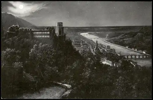 Heidelberg Panorama vom Wolfsbrunnenweg gesehen bei Mondenschein 1930
