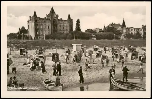 Ansichtskarte Zinnowitz Strandleben, Hotel mit Propaganda 1953