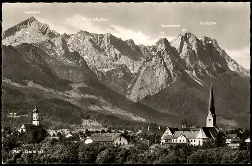 Ansichtskarte Garmisch-Partenkirchen Stadt mit Bergpanorama 1954