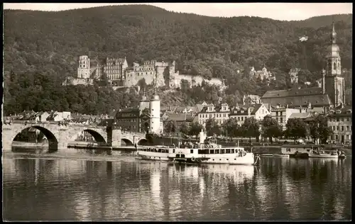Ansichtskarte Heidelberg Partie am Neckar mit kleinem Fahrgastschiff 1960