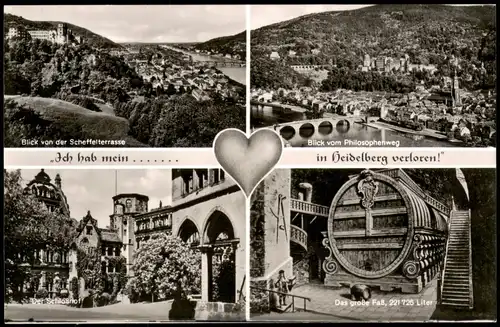 Heidelberg Mehrbild-AK mit Scheffelterrasse, Großes Faß, Schloßhof 1960