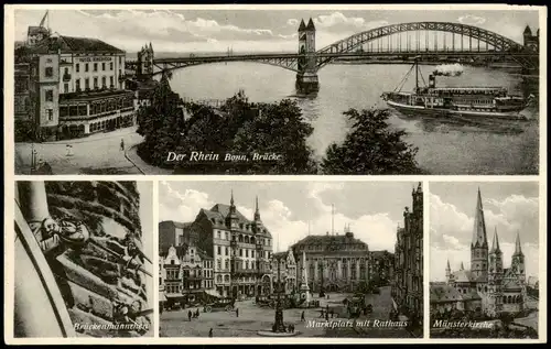 Bonn Mehrbild-AK mit Rhein Brücke, Marktplatz, Münsterkirche 1935