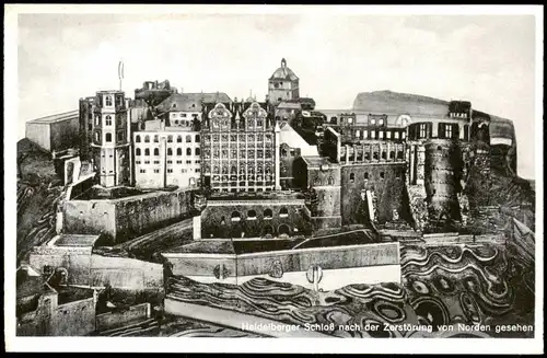 Heidelberg Schloß nach  Zerstörung von Norden gesehen (Kunst-Darstellung) 1950