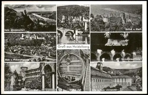 Heidelberg Mehrbildkarte mit 8 Ortsansichten Stadt-Ansichten 1950