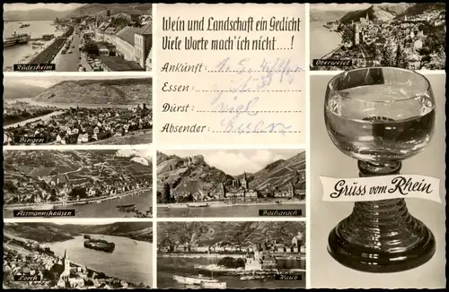 Ansichtskarte Bacharach MB: Rüdesheim, Bingen, Oberwesel uvm. Weinglas 1958