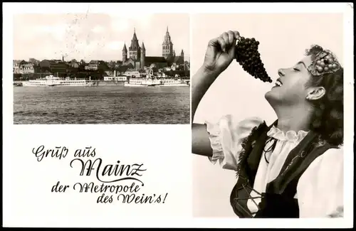Ansichtskarte Mainz Dampfer, Winkönigin mit Weintrauben 1957