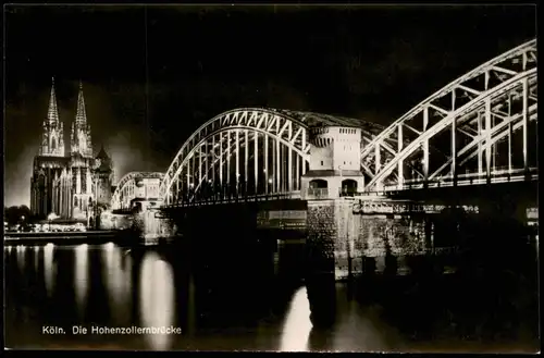Ansichtskarte Köln Hohenzollernbrücke bei Nacht - Beleuchtung 1961