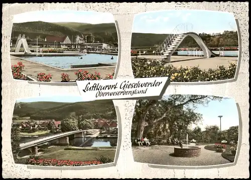 Ansichtskarte Gieselwerder-Wesertal 4 Bild: Schwimmbad, Brücke 1964
