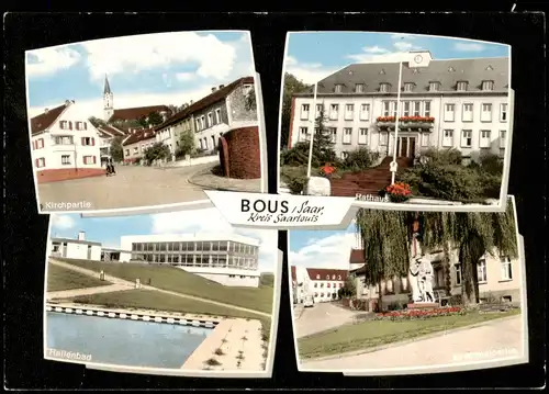 Ansichtskarte Bous (Saar) Kirchpartie, Hallenbad, Straße 1965