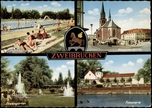 Ansichtskarte Zweibrücken Schwimmbad, Kirche, Fasanerie 1963