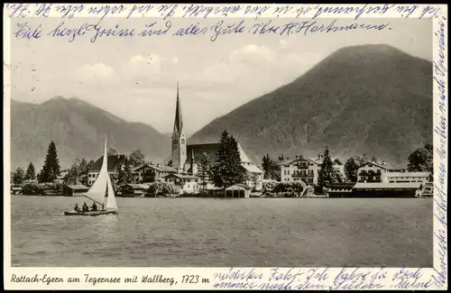 Ansichtskarte Egern-Rottach-Egern Stadt Segelboot vom See gesehen 1953