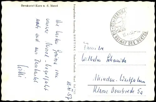 Ansichtskarte Bernkastel-Kues Berncastel-Cues Mosel mit Stadt 1957