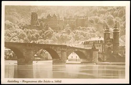 Ansichtskarte Heidelberg Partie am Neckar, Brücke, Blick zum Schloss 1930