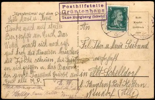 Grünten Jägerdenkmal 1930 Posthilfstelle Grüntenhaus Taxe Burgberg (rückseitig)