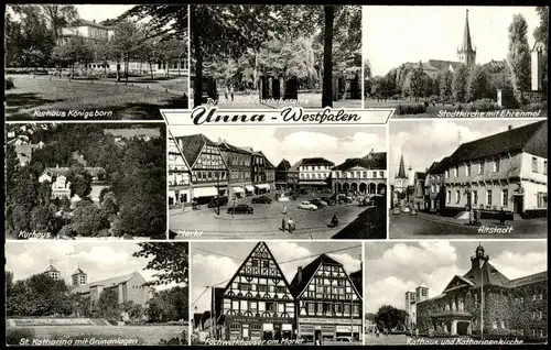 Ansichtskarte Unna Mehrbildkarte mit Markt, Rathaus, Stadtkirche uvm. 1958