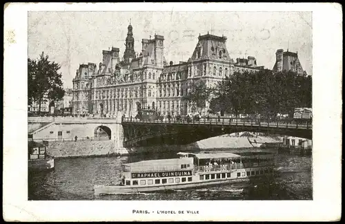 9. Hôtel de Ville-Paris Rathaus Hôtel de Ville; Schiff auf der Seine 1906